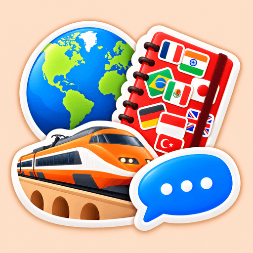 Phraser app icon: a globe, a notebook covered in flags, a train and a chat bubble