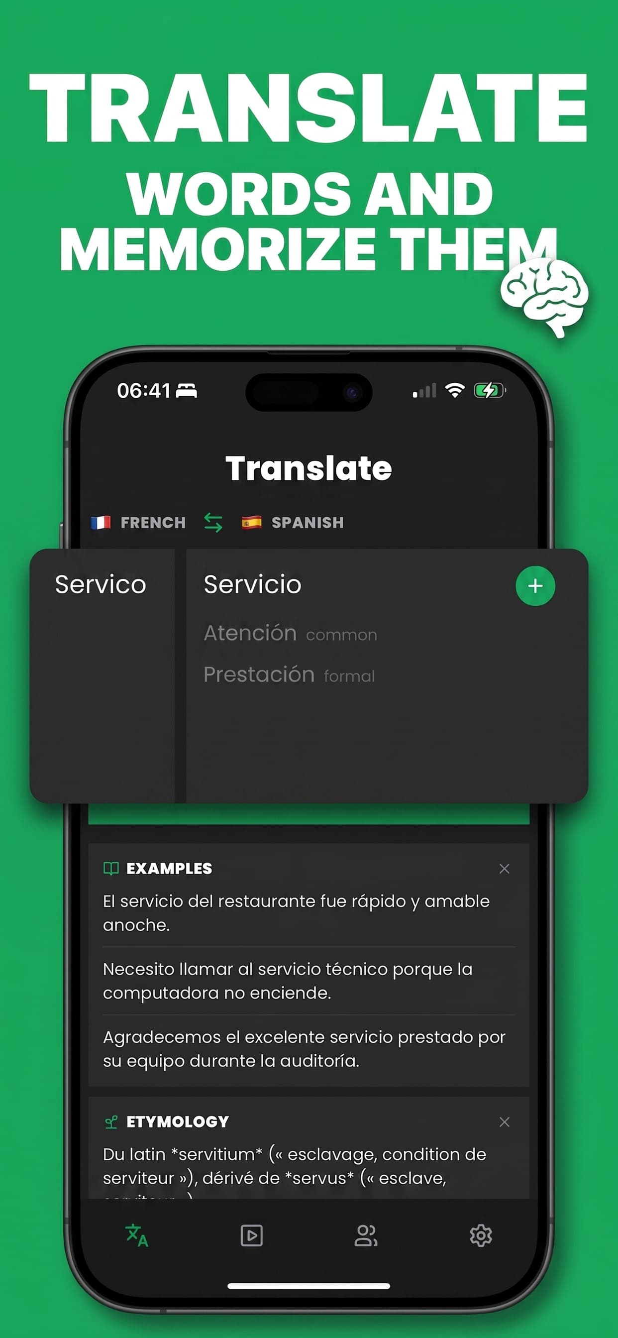 Phraser translate screen — TRANSLATE WORDS AND MEMORIZE THEM