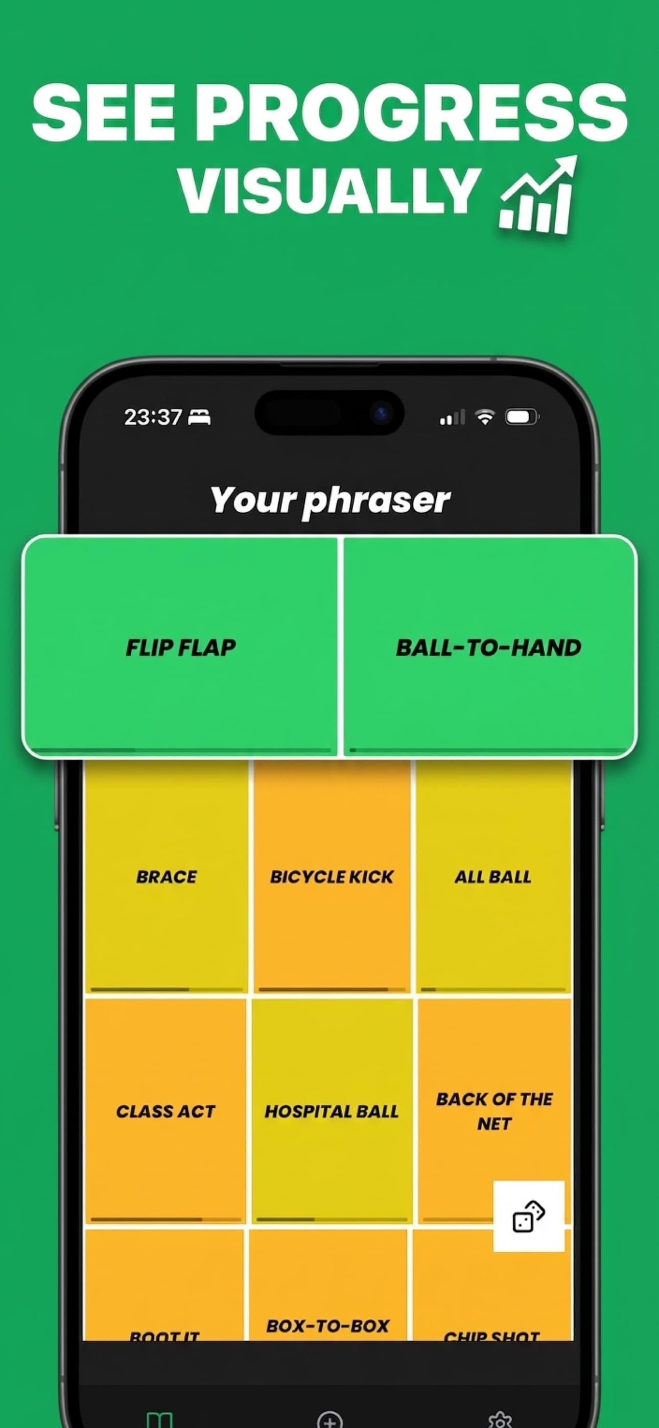 Phraser treemap showing mastered green phrases